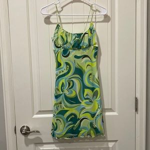 Green, blue, teal paisley dress.